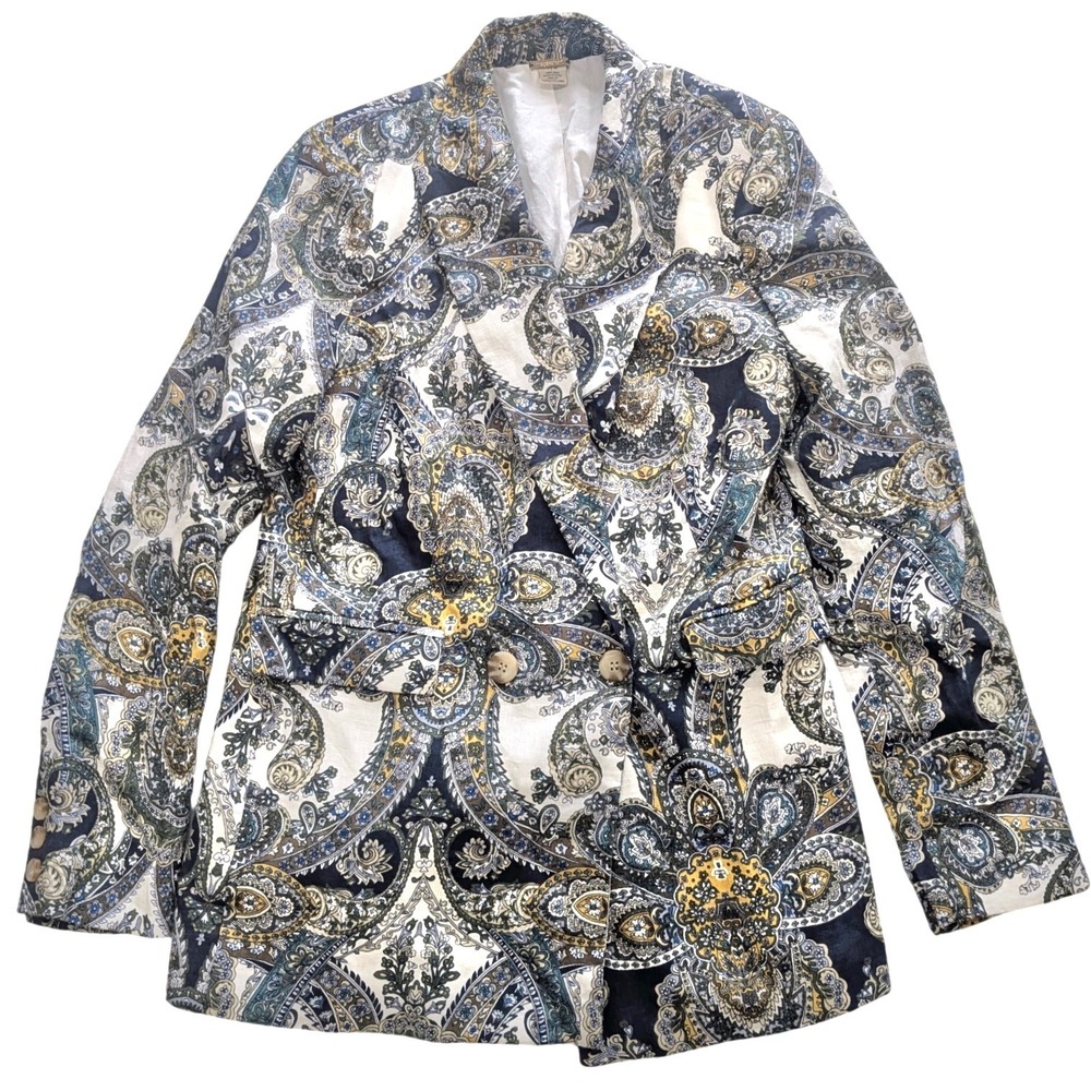 MAGASCHONI Navy Blue Paisley 100% Linen Double Breasted‎ Blazer Wmns Sz M Preppy